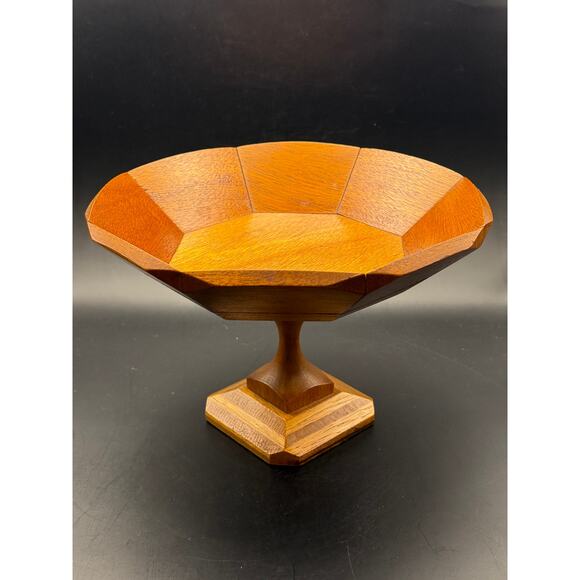 Vtg mixed wood octagon pedestal trinket compote bowl Golden brown - Picture 2 of 8